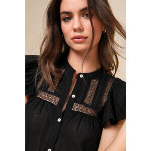 Lulus Essential Chicness Black Embroidered Button-up Top - Size XL